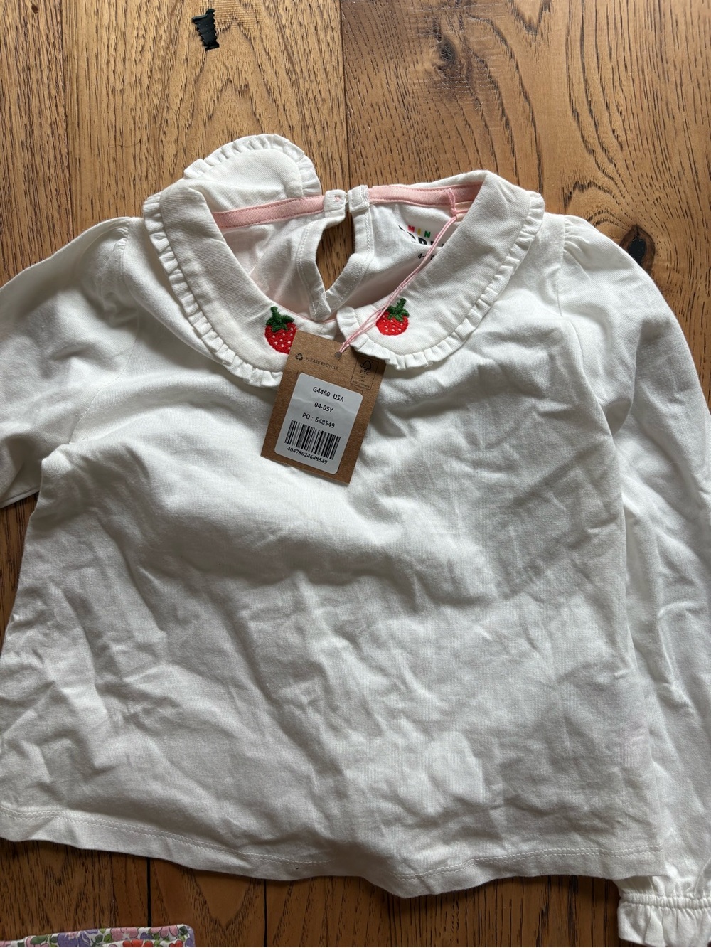 Mini Boden White Long-Sleeve Top with Strawberry Collar Embroidery